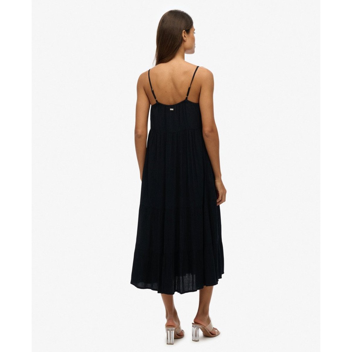 Robe mi-longue semi-boutonnée à volants noir, SUPERDRY