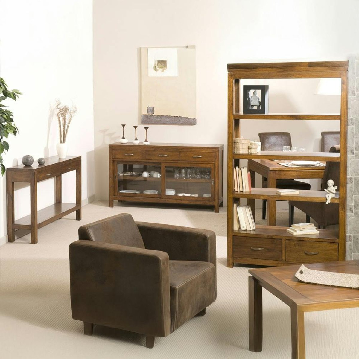 Console en bois acajou style exotique 2 tiroirs 2 plateaux 120cm LOLA bois naturel, PIER IMPORT