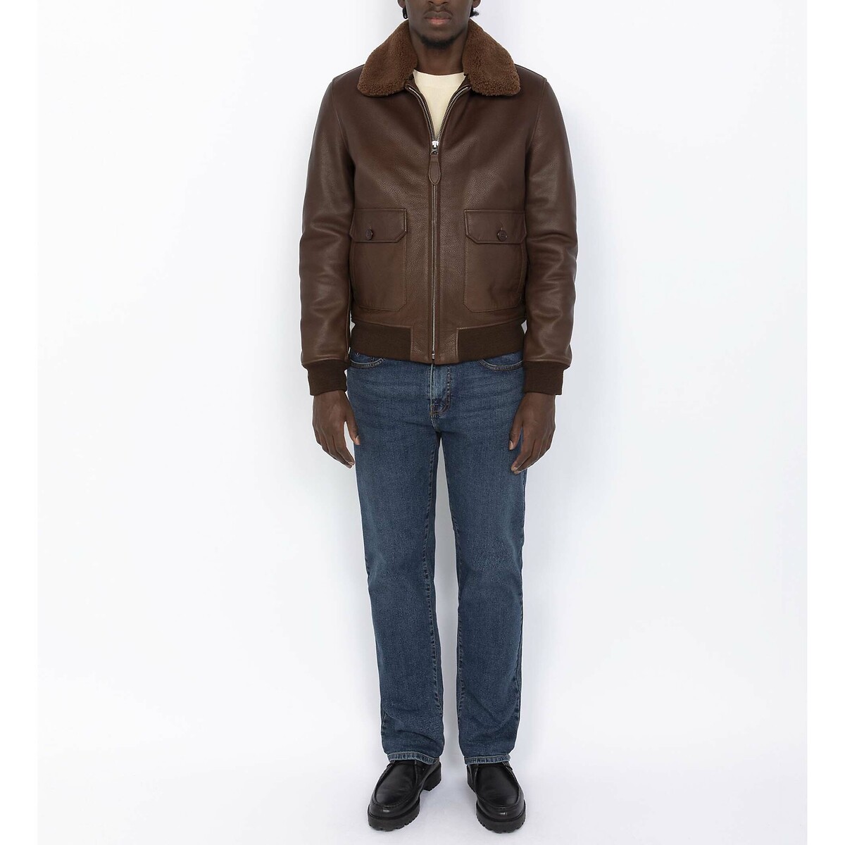 Leather aviator jacket with collar brown, SCHOTT