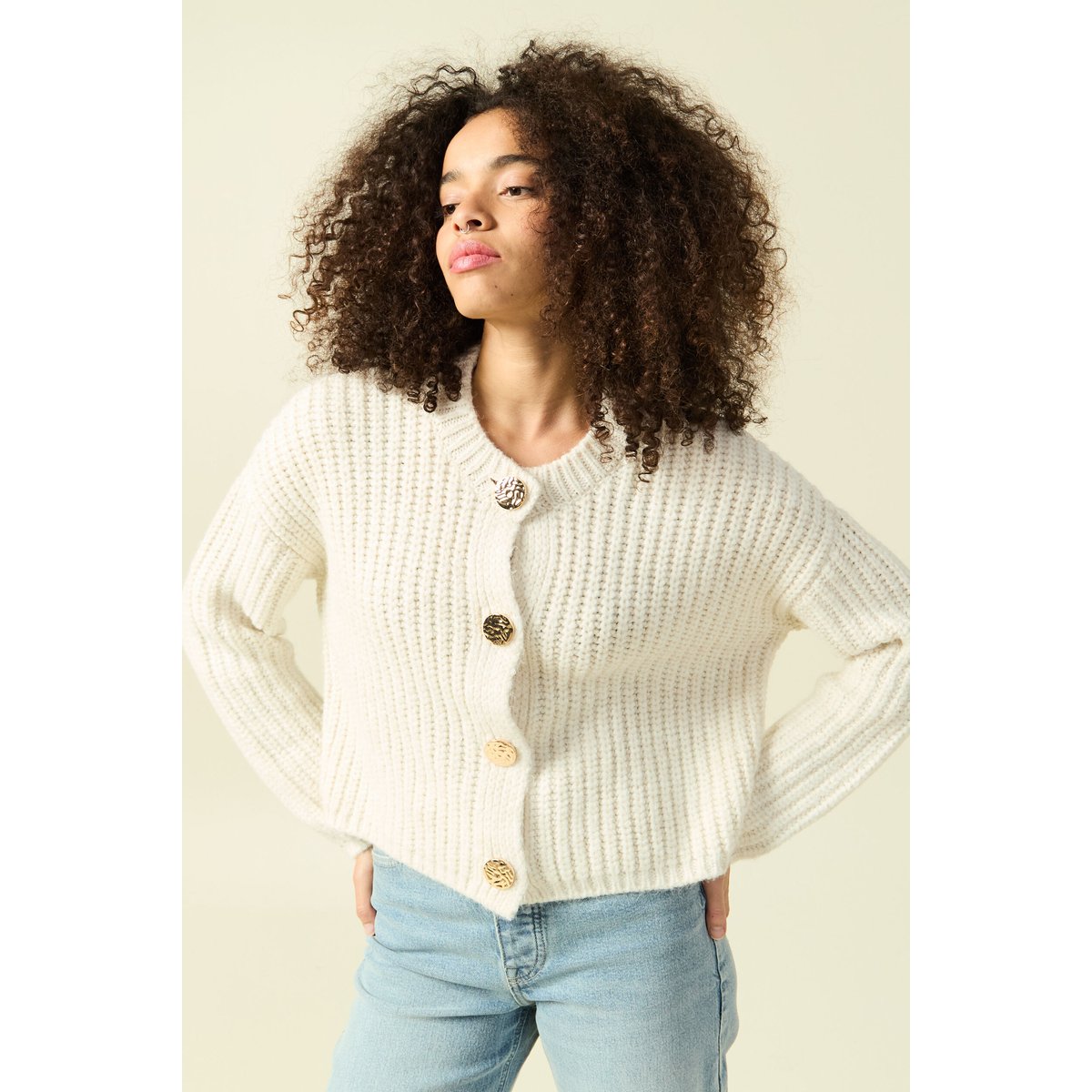 Gilet droit court manches longues creme, BONOBO