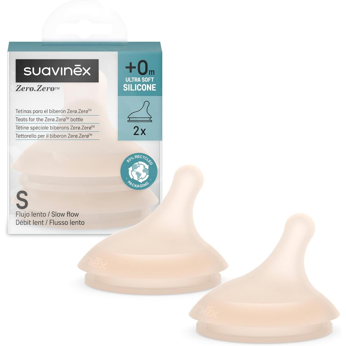 Lot de 2 tétines pour biberon anti-colique débit lent sand ZERO.ZERO sable clair, SUAVINEX
