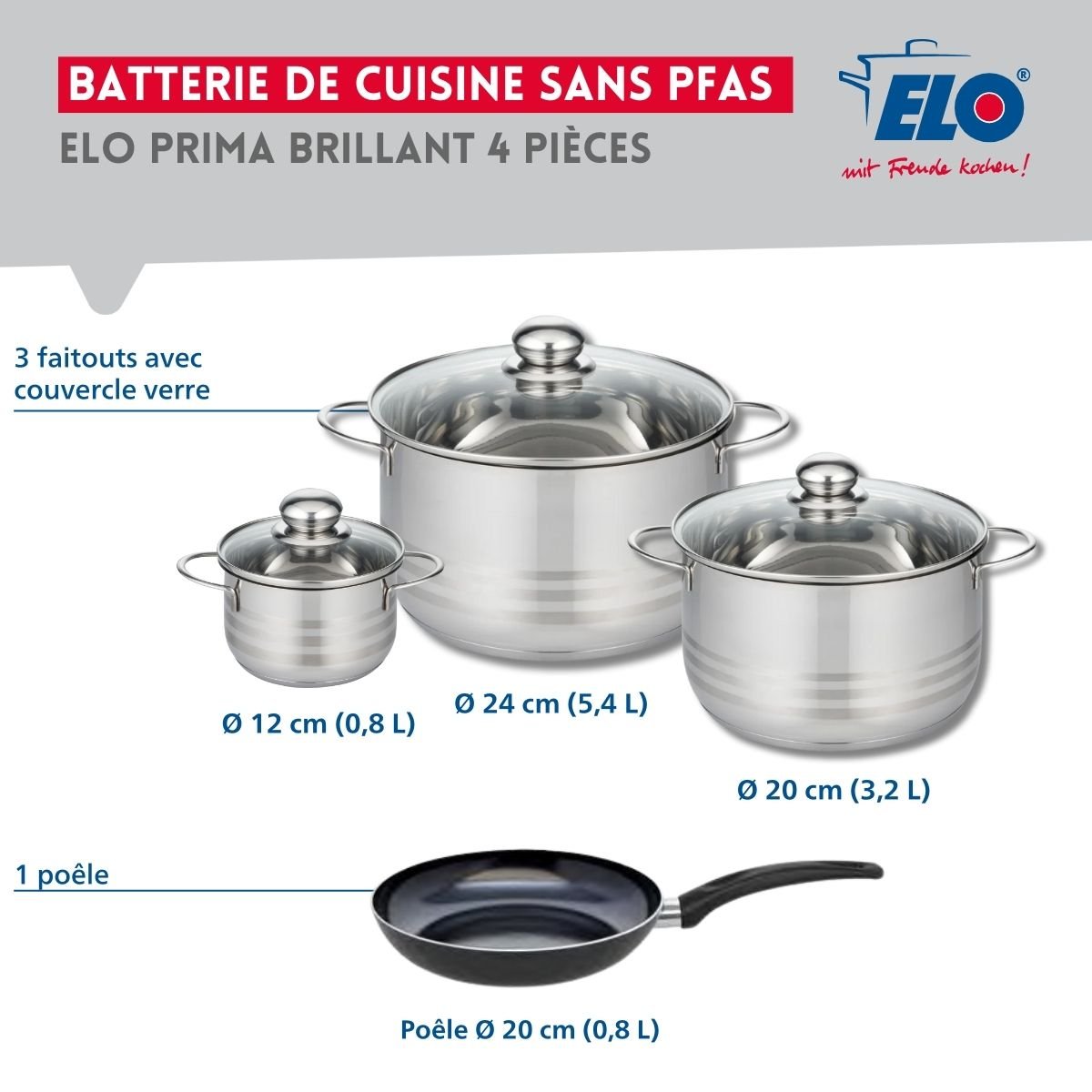 Batterie 1 poêle 20cm + 3 faitouts 12/20/24cm PRIMA BRILLANT noir, ELO