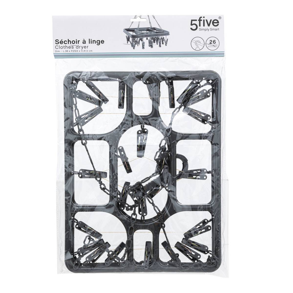 Séchoir à accrocher rectangle 26 pinces gris, 5FIVE SIMPLY SMART