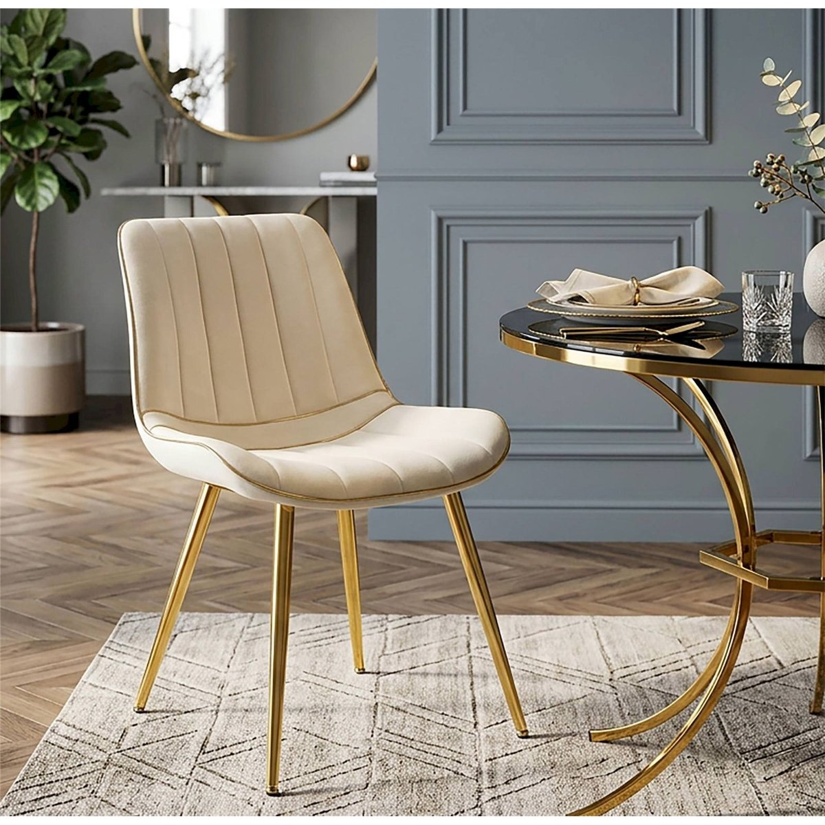 Chaise assise rembourrée lot de 2 GLAM crème et or, RECOLLECTION