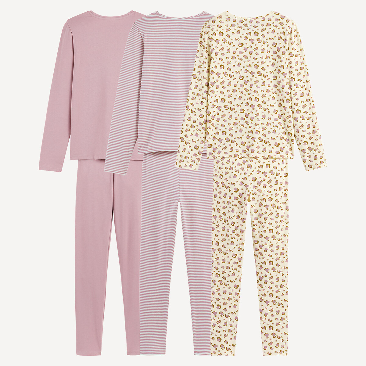 Lot de 3 pyjamas, uni, rayé et motif léopard rose + rayé + imp écru, LA REDOUTE COLLECTIONS