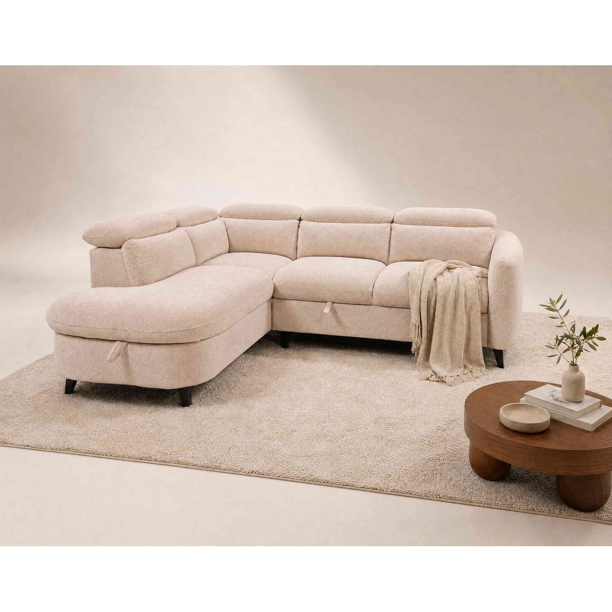 Canapé angle gauche convertible tissu texturé, OPALINE beige, BEST MOBILIER