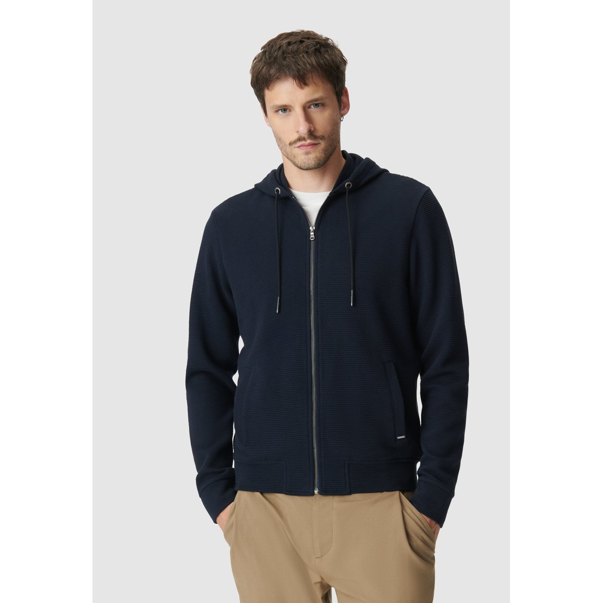 Cardigan coton bio maille Ottoman à capuche bleu marine, IKKS
