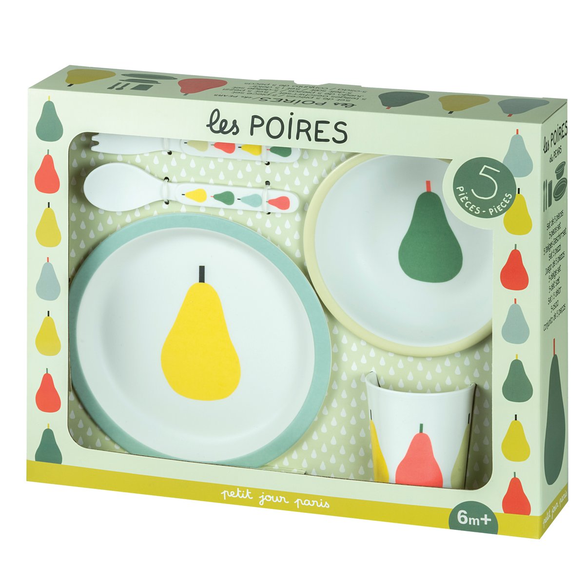 Coffret cadeau 5 pièces LES POIRES vert, blanc, jaune, bleu, orange., PETIT JOUR