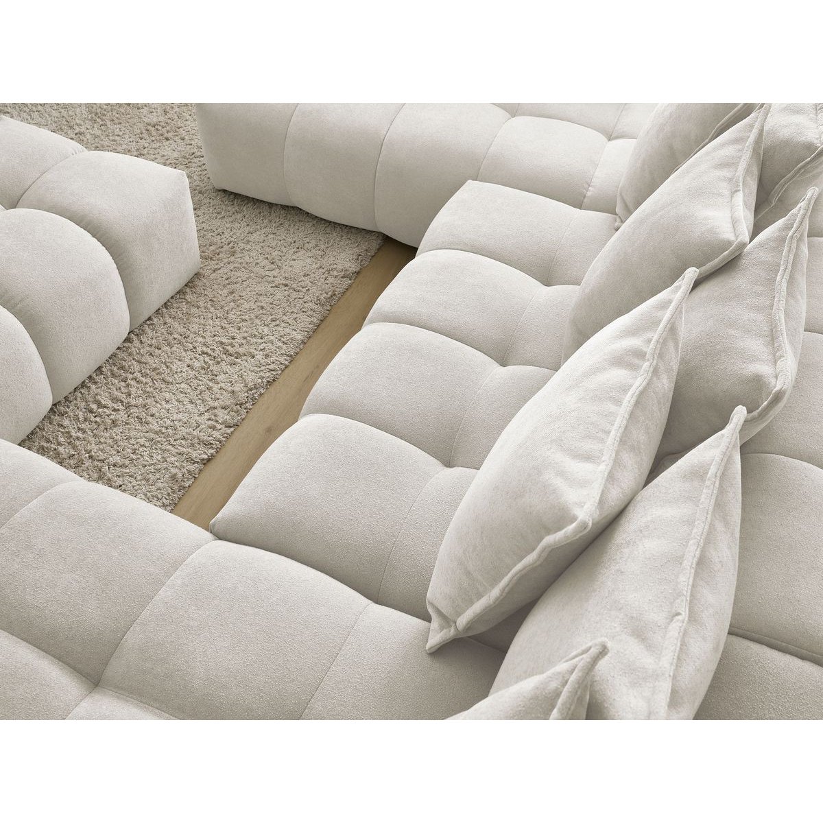 Canapé panoramique convertible 7 places en tissu texturé avec pouf, EVEREST blanc, BOBOCHIC
