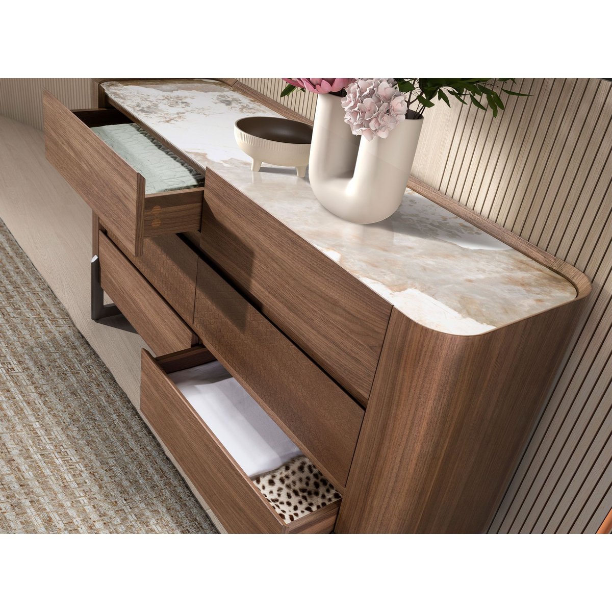 Commode en noyer et acier foncé métallisé avec plateau en marbre de porcelaine blanc | acier foncé | noyer, ANGEL CERDA