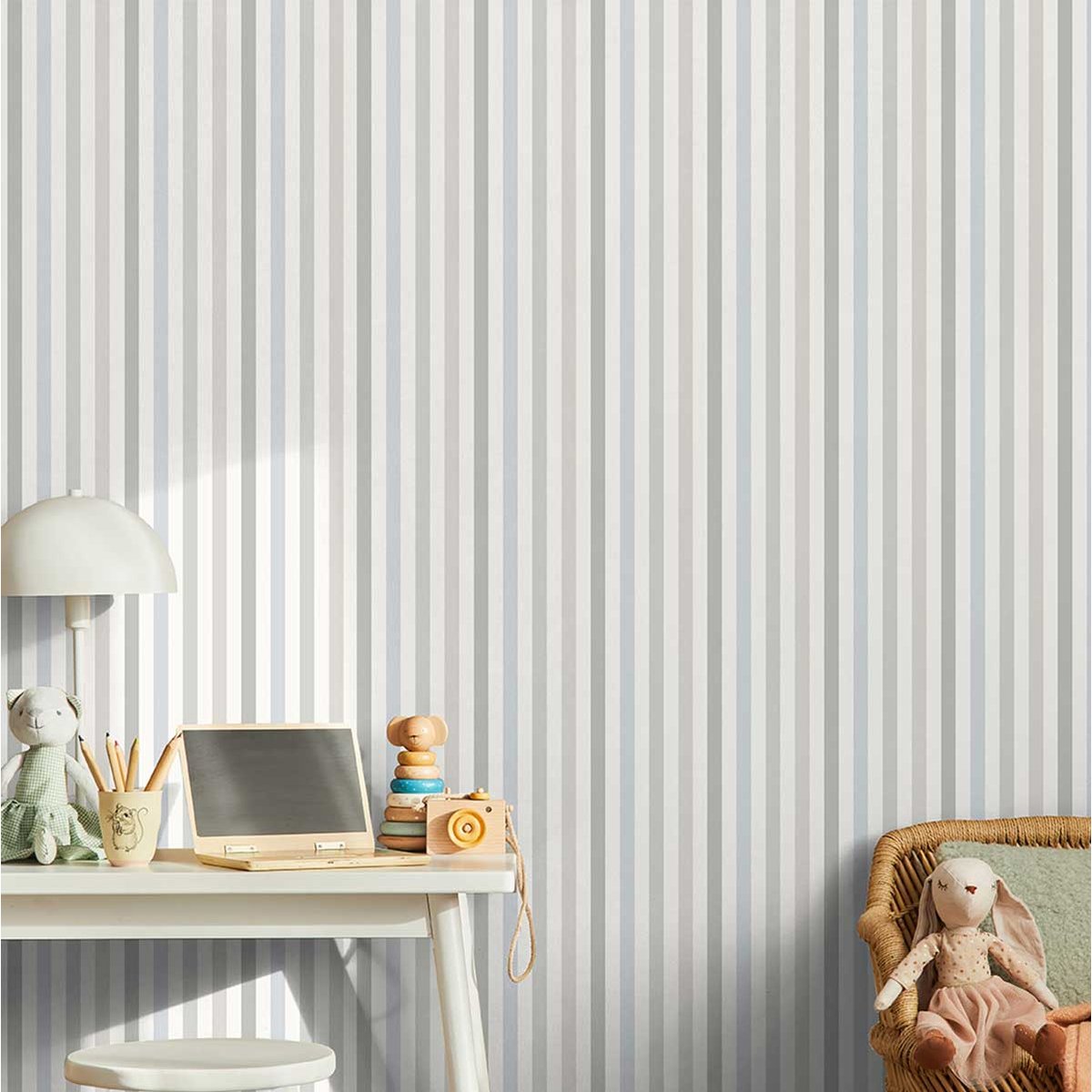 Papier peint rayures fines gris bleu blanc bleu, HEXOA