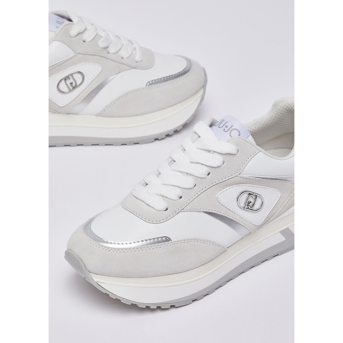 Baskets à plateforme en suède et cuir blanc, LIU JO