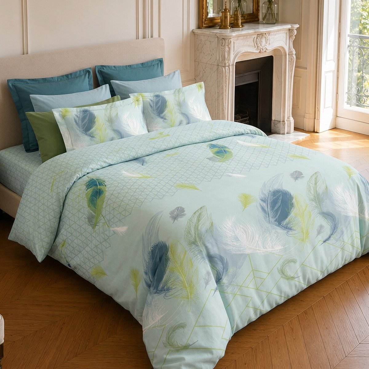Parure de lit en microfibre motif tropical, PALOMA vert d'eau, C DESIGN HOME TEXTILE
