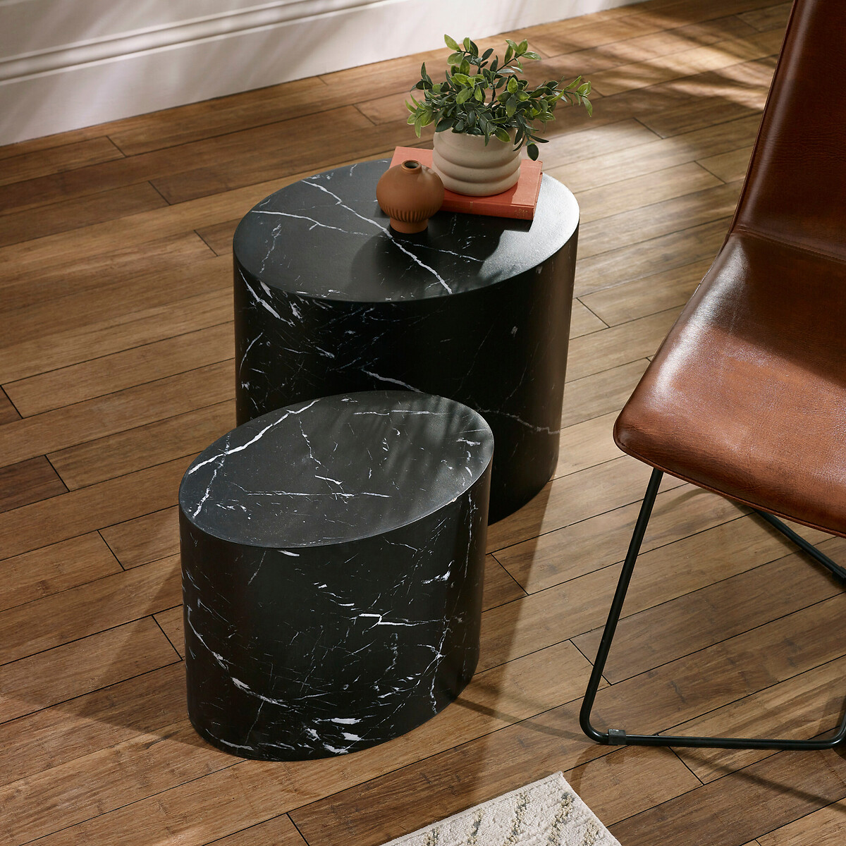 Tova Marble Effect Nesting Drum Side Tables (Set of 2) black marble, SO'HOME