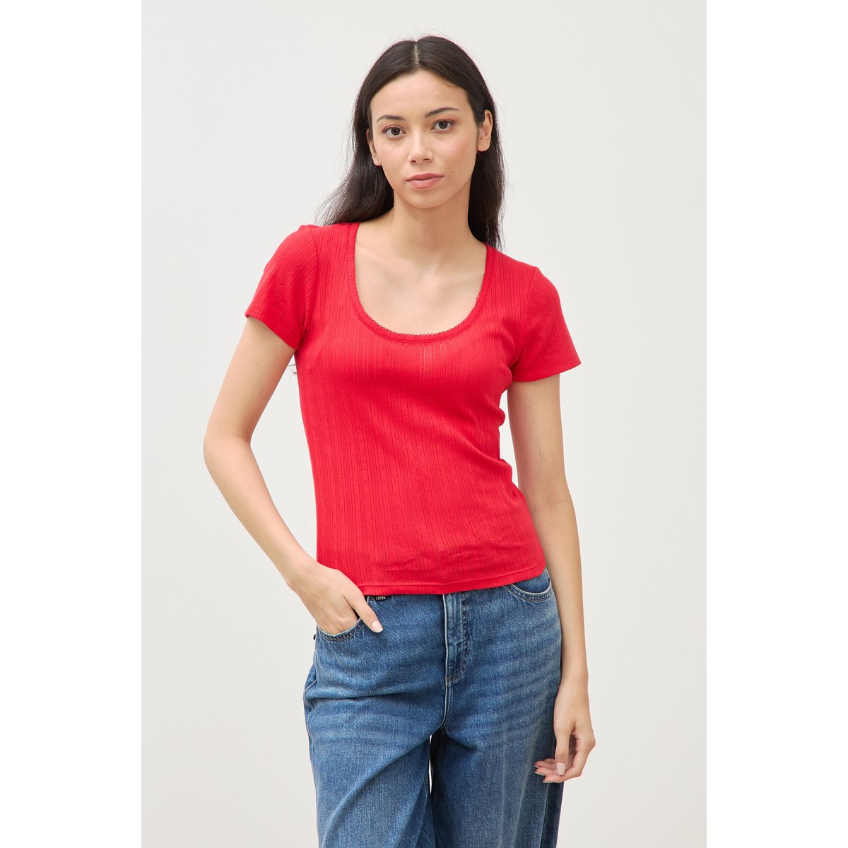 T-shirt ajusté col rond manches courtes rouge, BONOBO