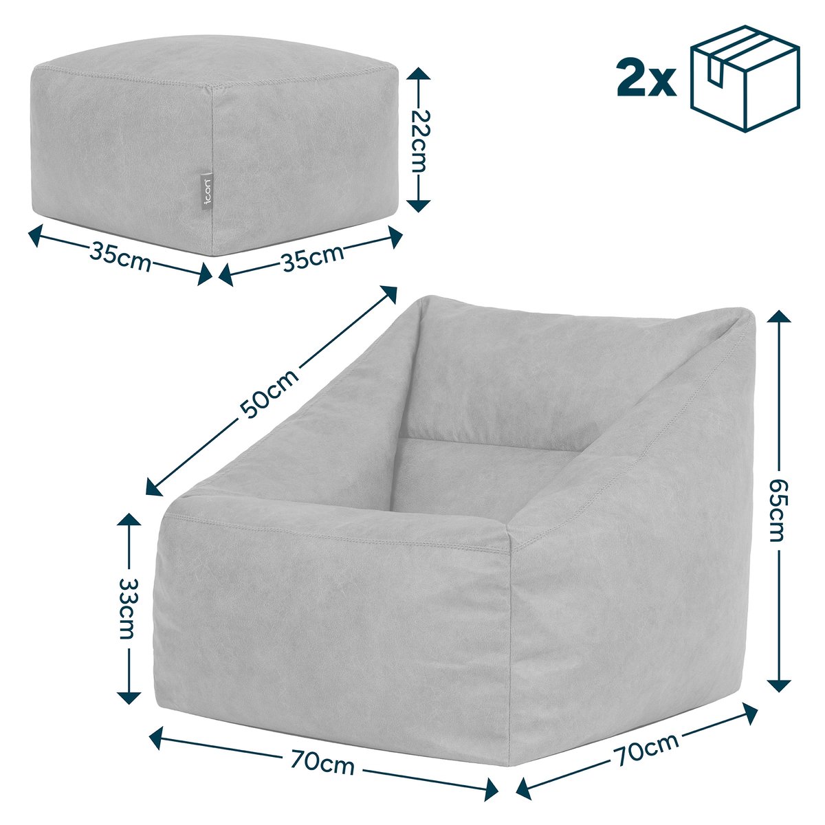 Pouf fauteuil et son repose-pied carré en imitation cuir, végan Oeko-Tex® - NATALIA brun, ICON
