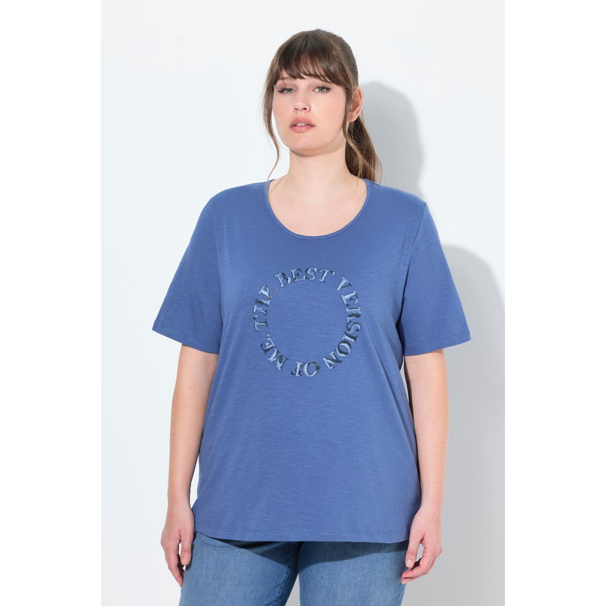 T-shirt en coton bio, avec message bleu voile clair, ULLA POPKEN