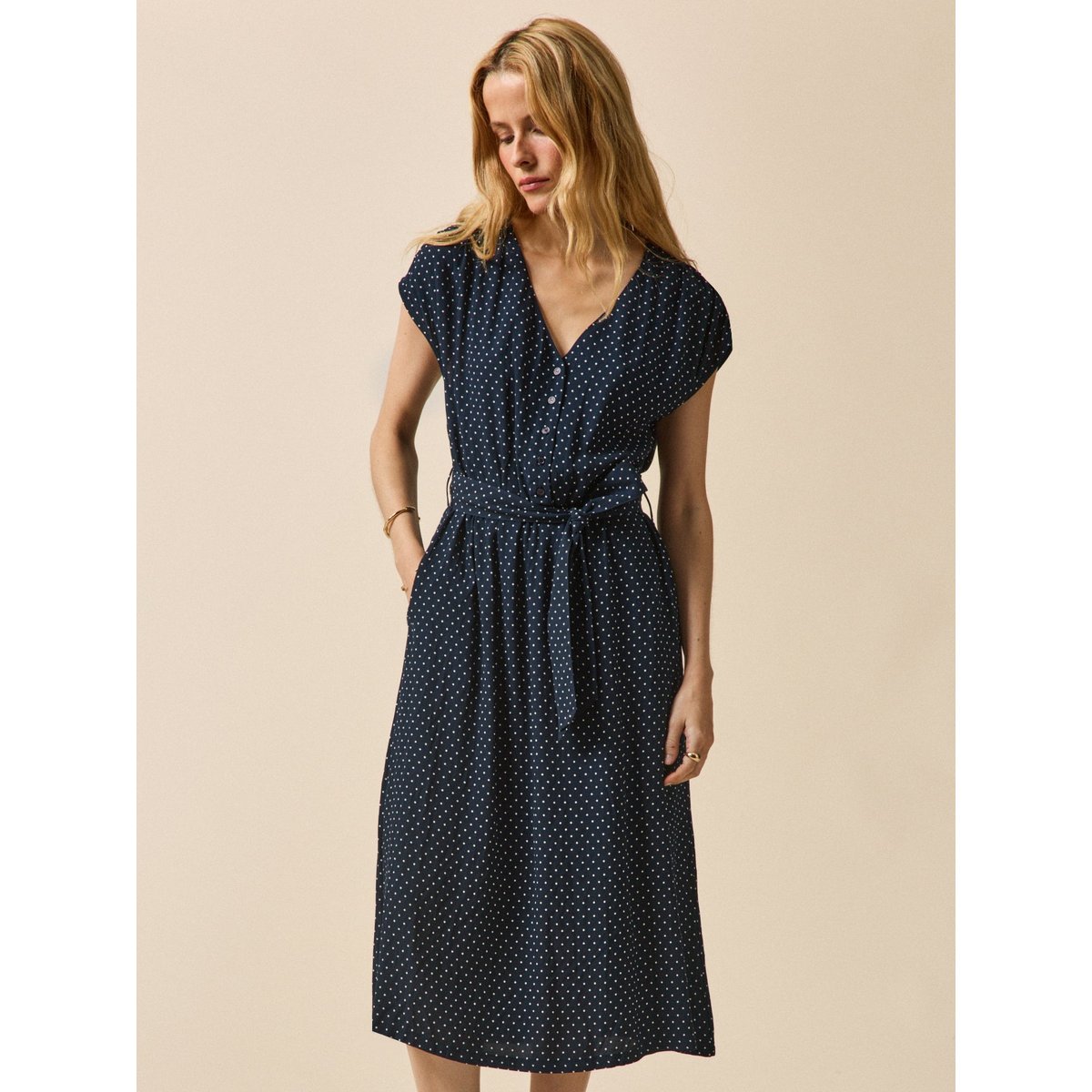 Robe mi-longue sans manches  imprimé pois pois ecru fond encre, CYRILLUS