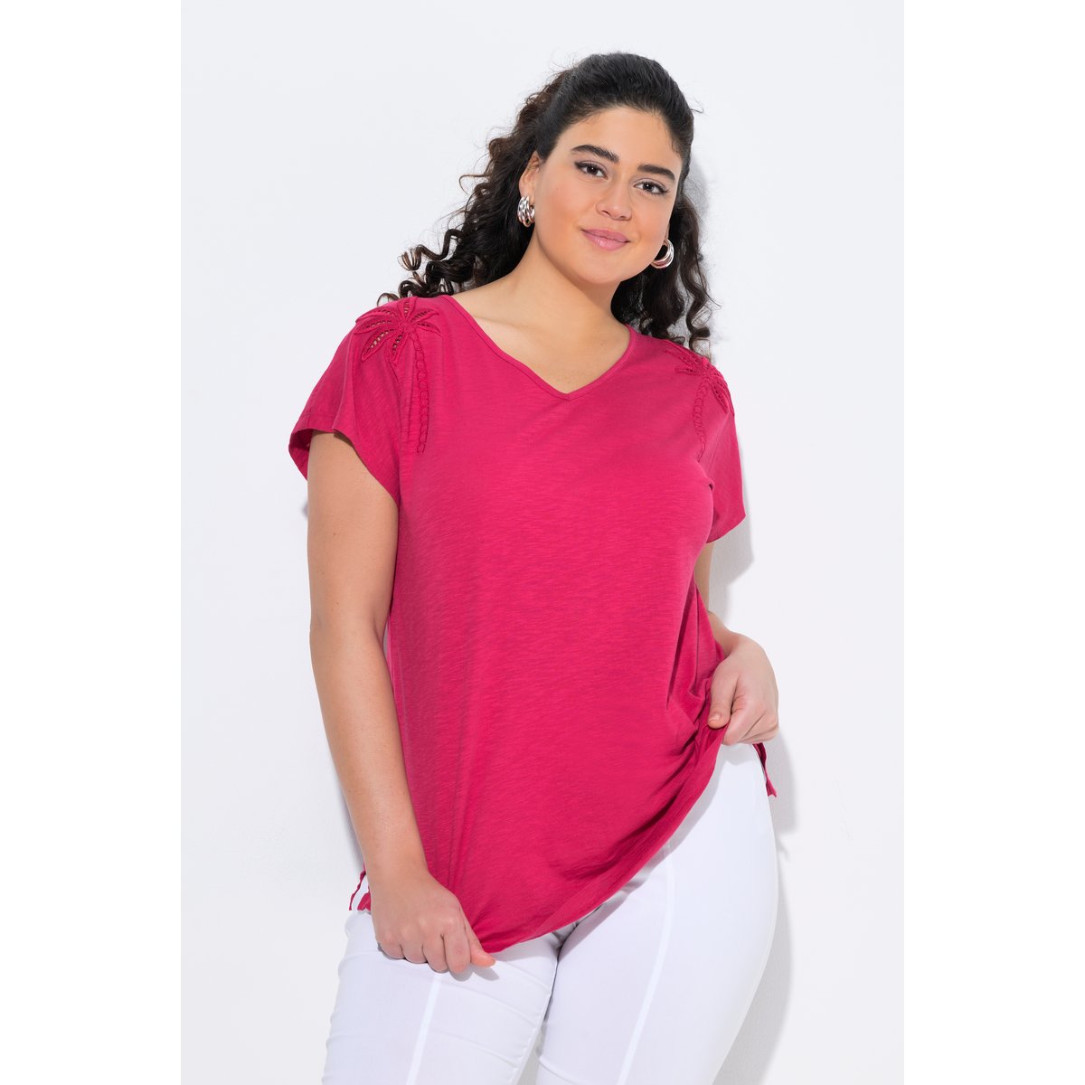 T-shirt, motif palmiers, oversize, col V framboise foncé, ULLA POPKEN