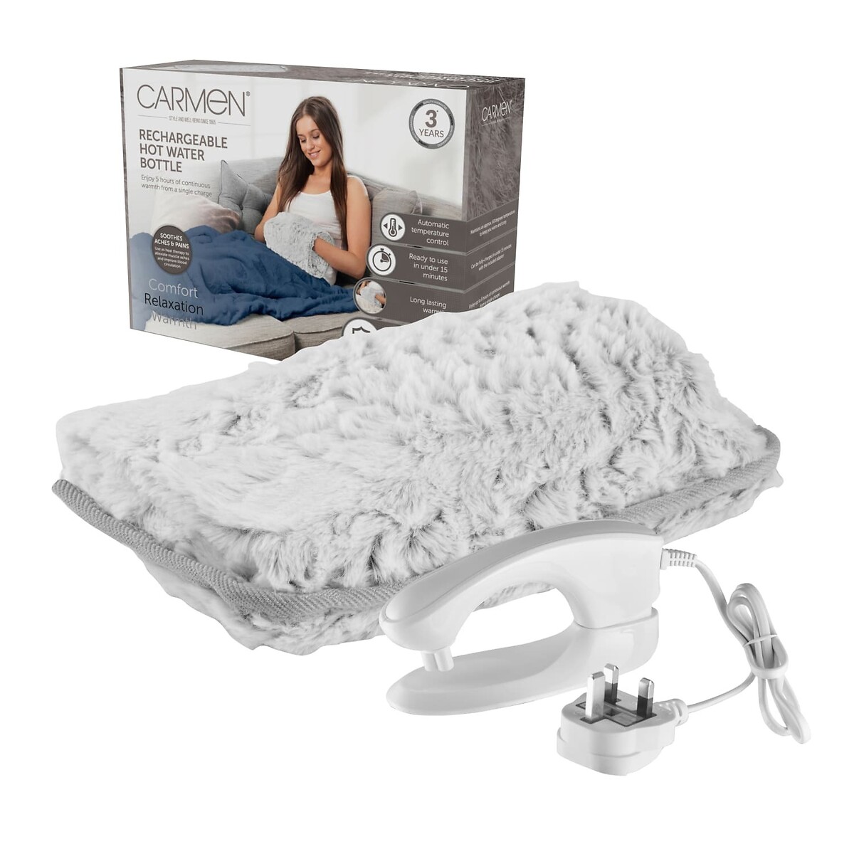 Spa Rechargeable Faux Fur Hot Water Bottle white, CARMEN