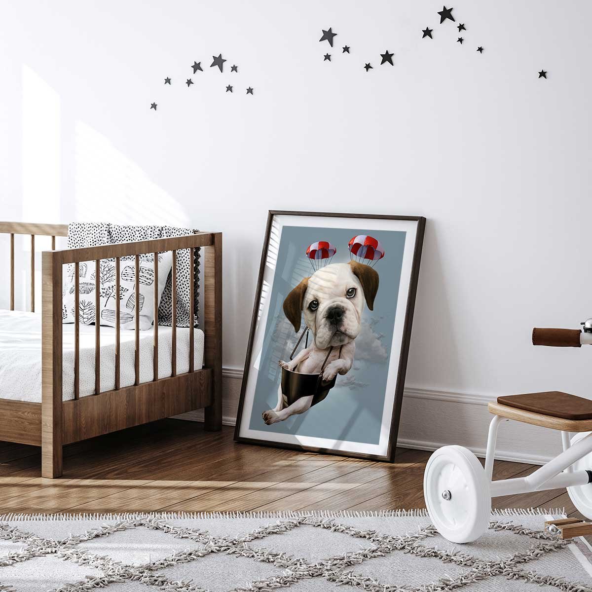 Affiche enfant chiot sur parachute affiche seule, HEXOA