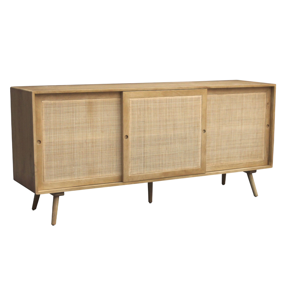 Buffet en bois manguier massif et cannage rotin 3 portes coulissantes L180 cm ACANGE chêne clair, MILIBOO