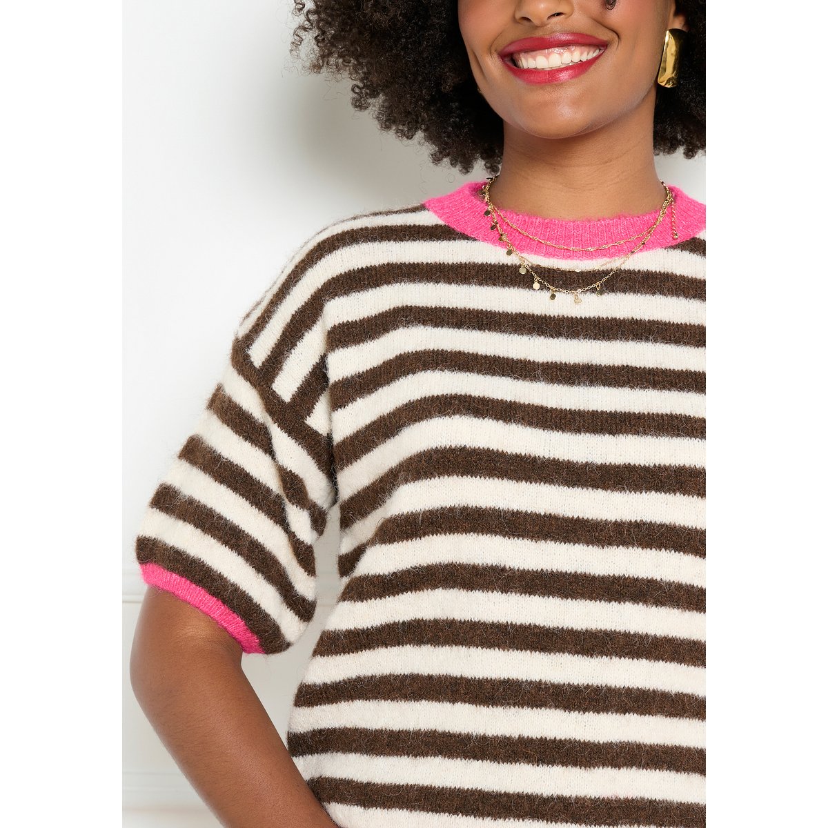 Pull rayé à manches courtes brun fonce chocolate, LOLALIZA