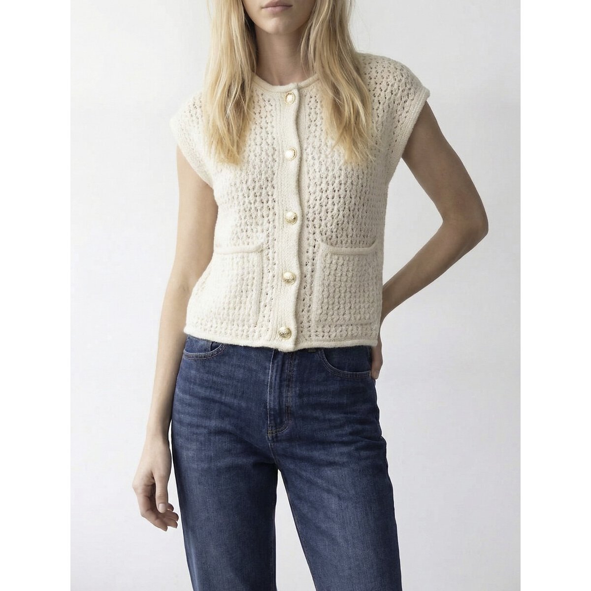 Gilet sans manches col rond ecru, VILA