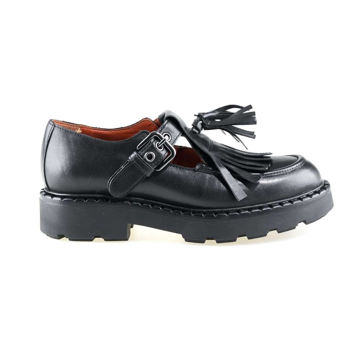 Babies en cuir, bride en T et franges noir, MJUS