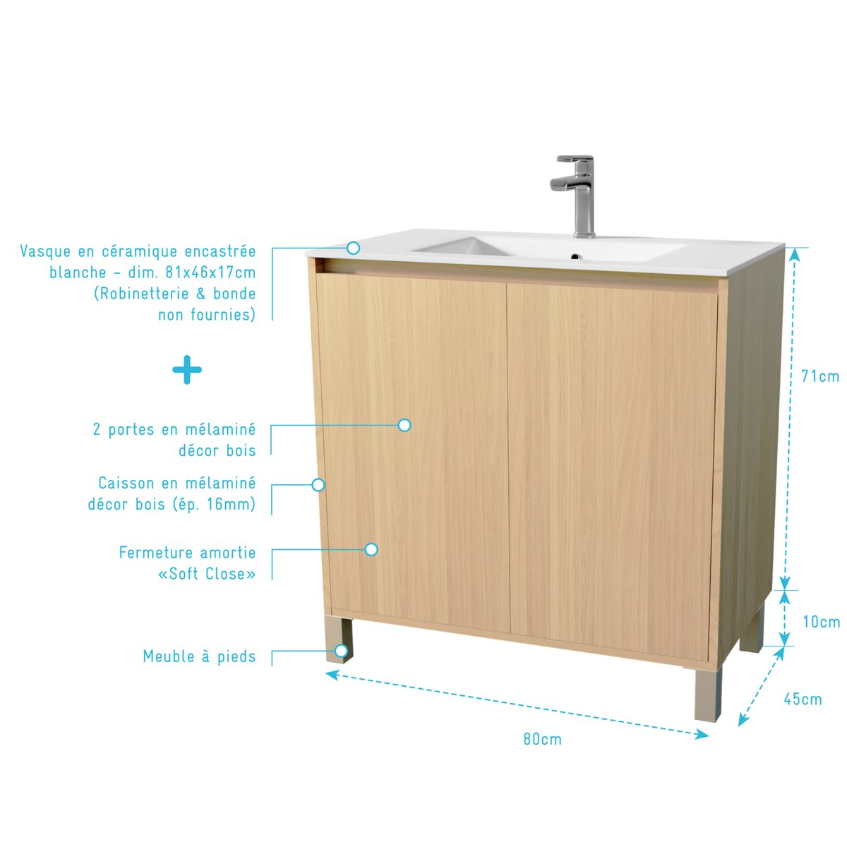 Meuble de salle de bains sur pieds avec 2 portes et vasque naturel, HOME MAISON