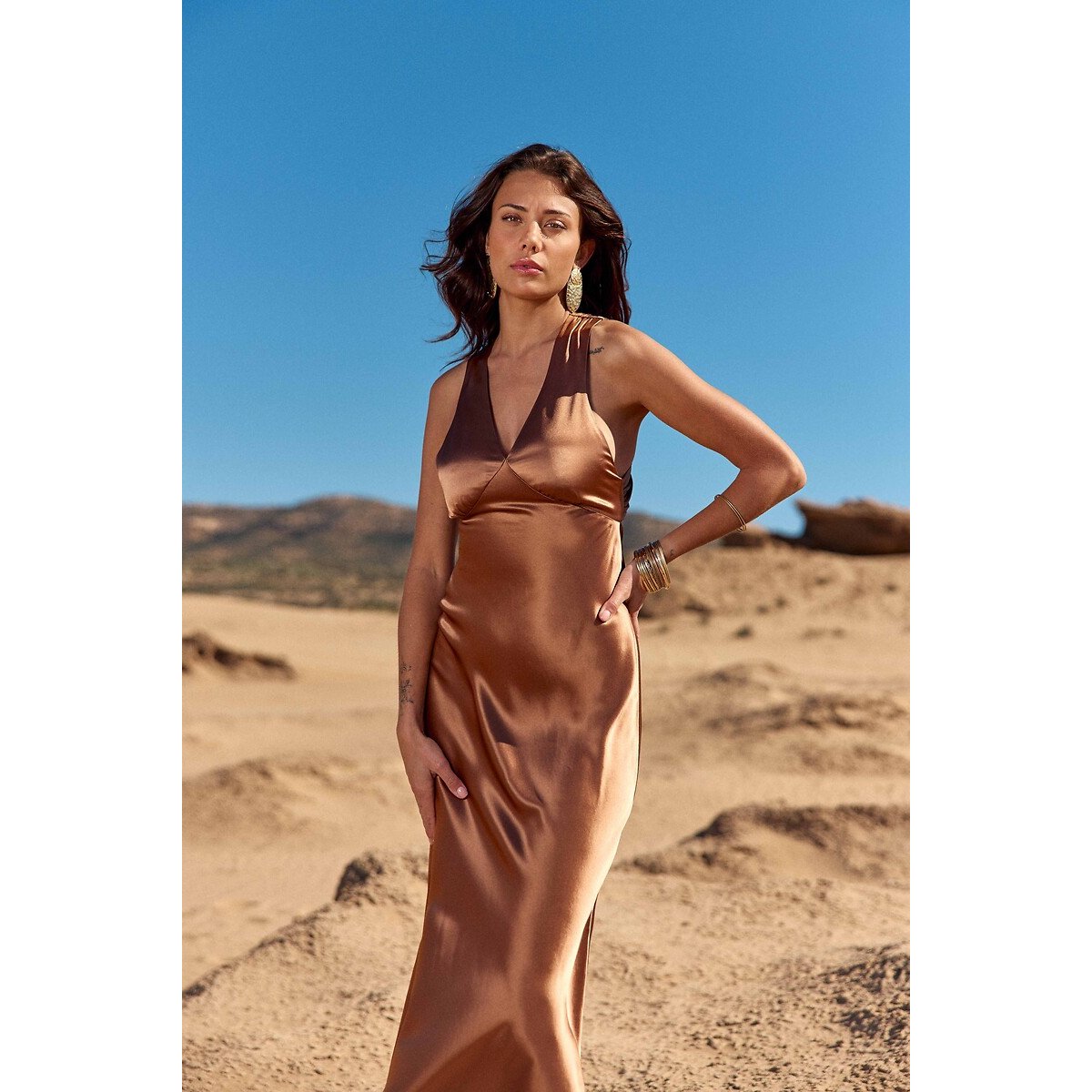 Robe longue sans manches en satin, ROSILY camel, LA PETITE ETOILE