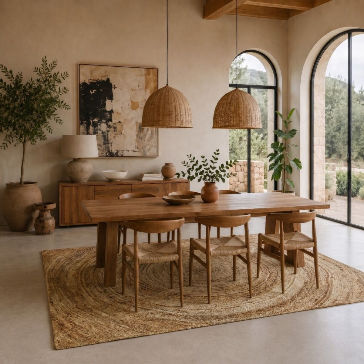 Tapis en jute tressé main lignes SUNNY JUTE - style bohème beige motif rond, THE DECO FACTORY