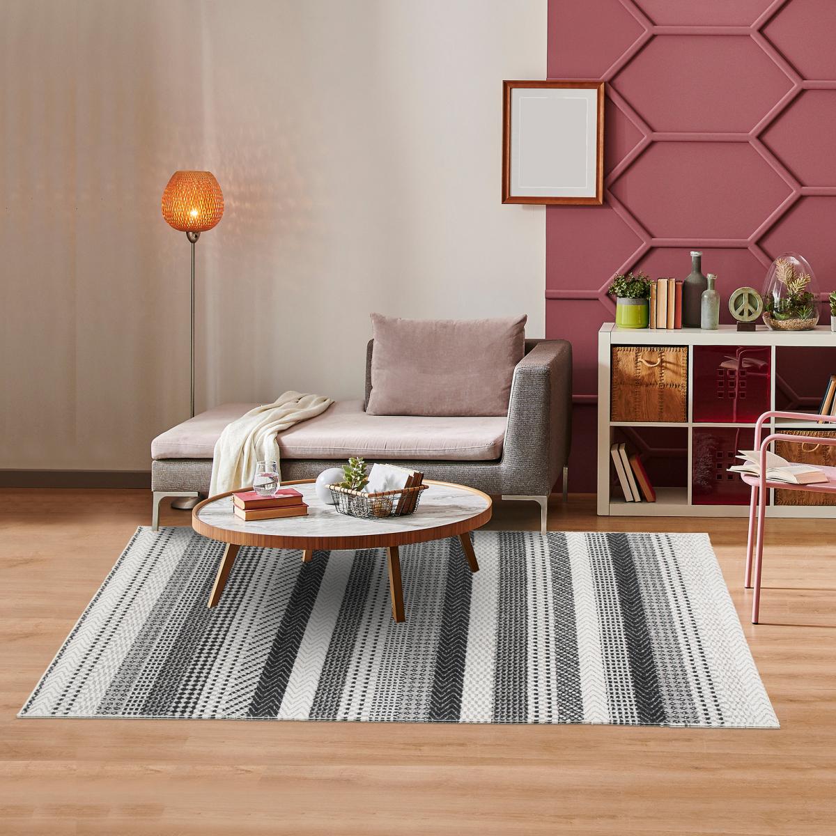 Tapis salon et chambre tissé motif scandinave BILINIA gris clair, gris foncé, crème, UN AMOUR DE TAPIS