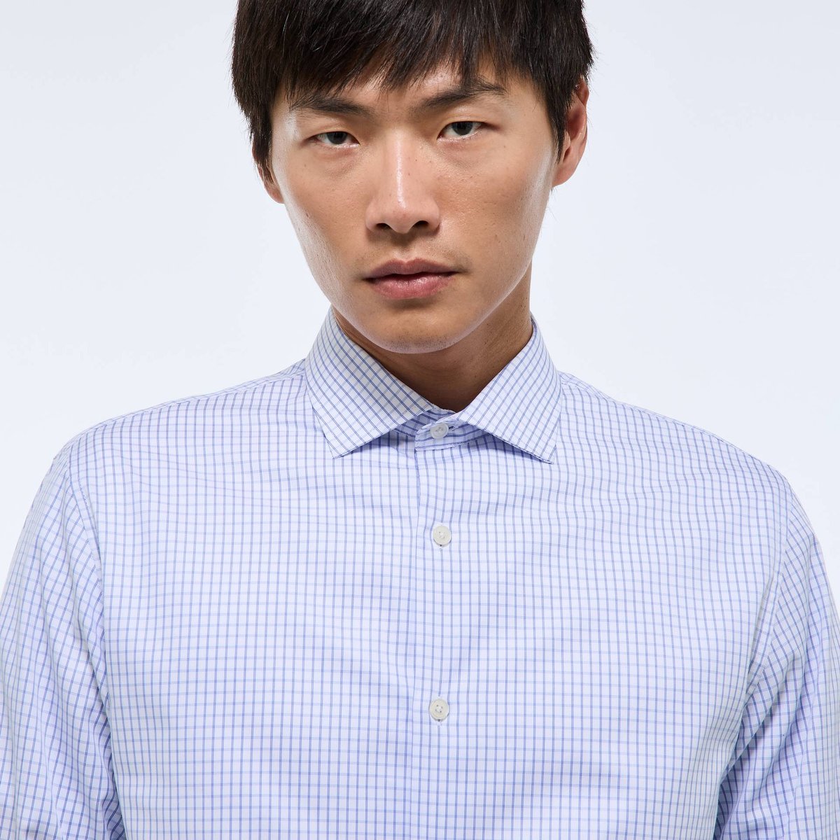 Chemise ville à carreaux col italien en coton blanc, MONOPRIX