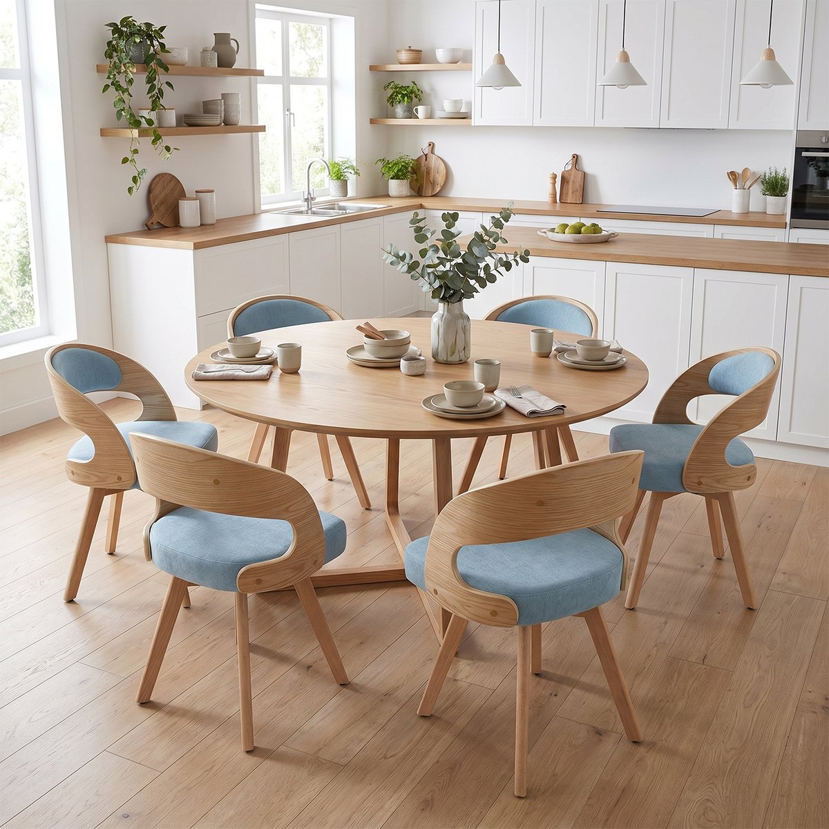 Lot de 6 fauteuils de salle à manger rotatif scandinave en hêtre, GINNY bleu, MEUBLES COSY