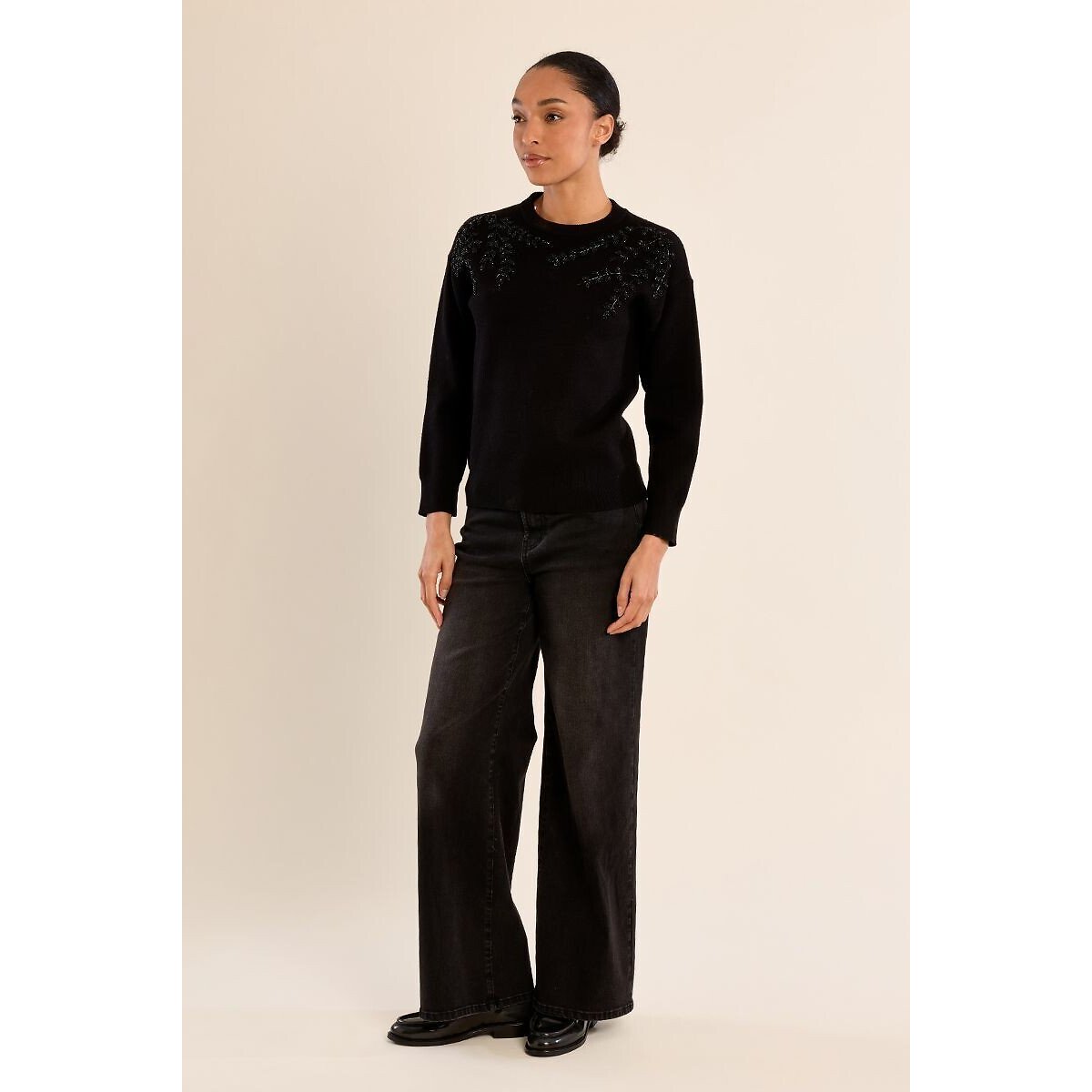 Pull col rond avec détails sequins noir, MOLLY BRACKEN