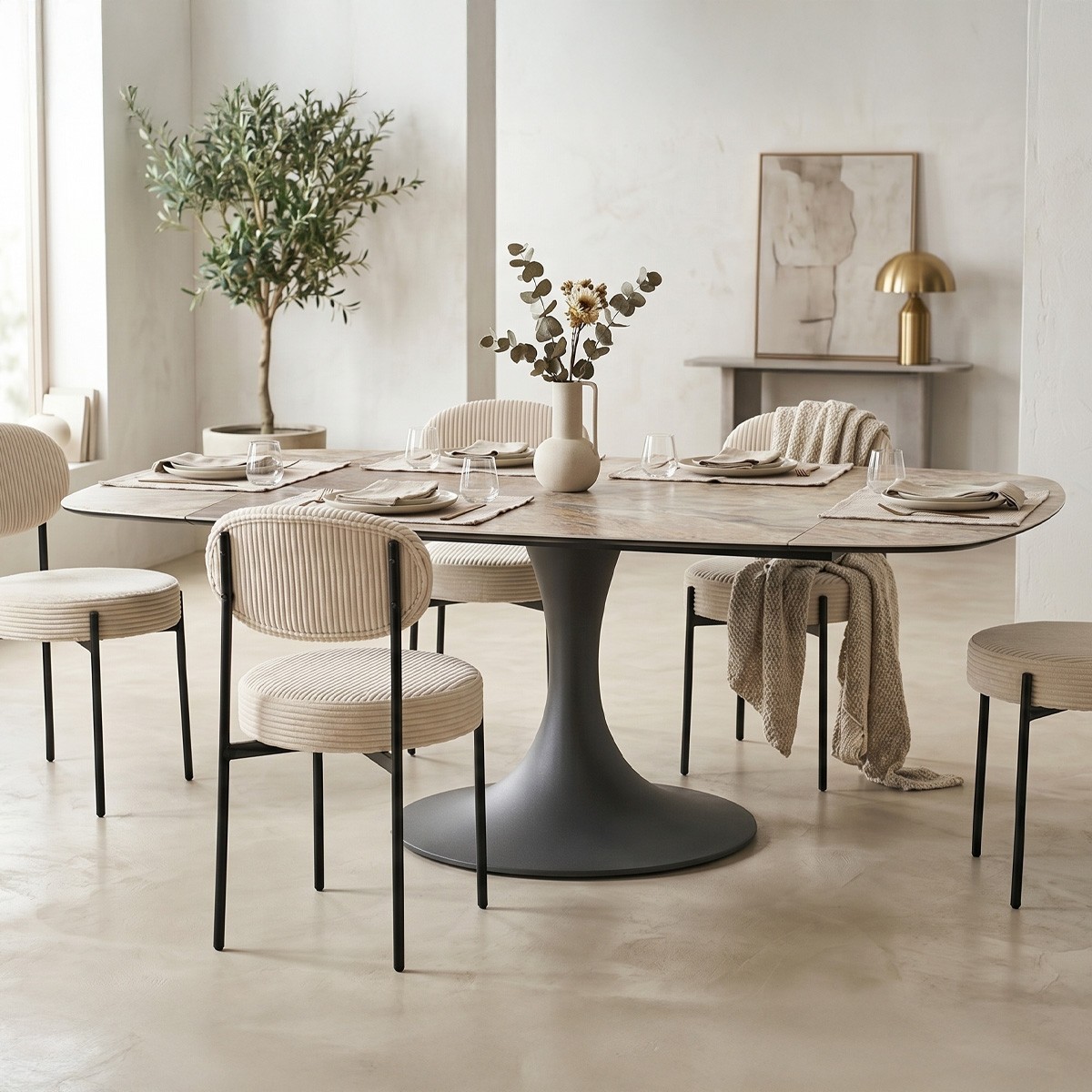 Table à manger extensible automatique 6/8 couv, céramique effet Marbre - SABBIA marbre taupe, HOMIFAB
