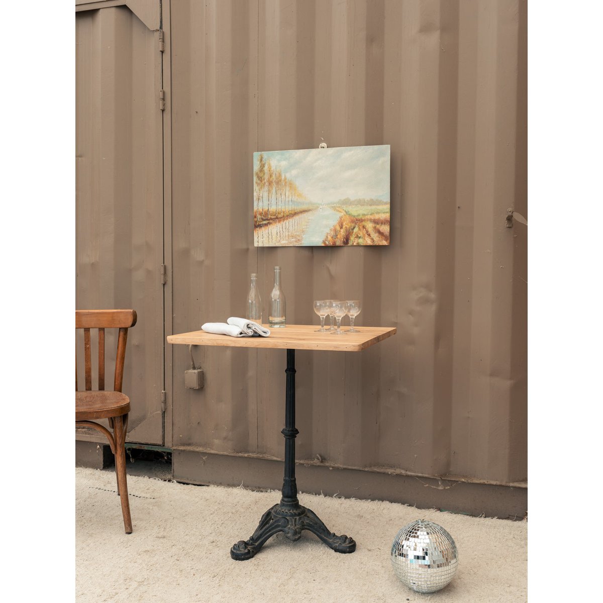 Table à manger bistro en chêne et fer Denise N°1213 - Bon état bois clair, DEBONGOUT