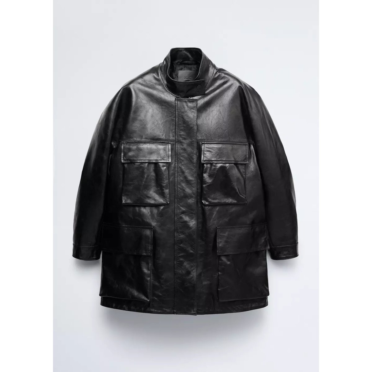 Parka cuir oversize avec poches noir, MANGO