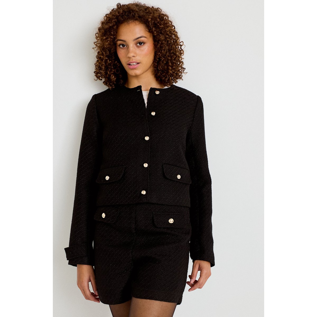 Veste tweed cintrée cropped col mao noir, CACHE CACHE