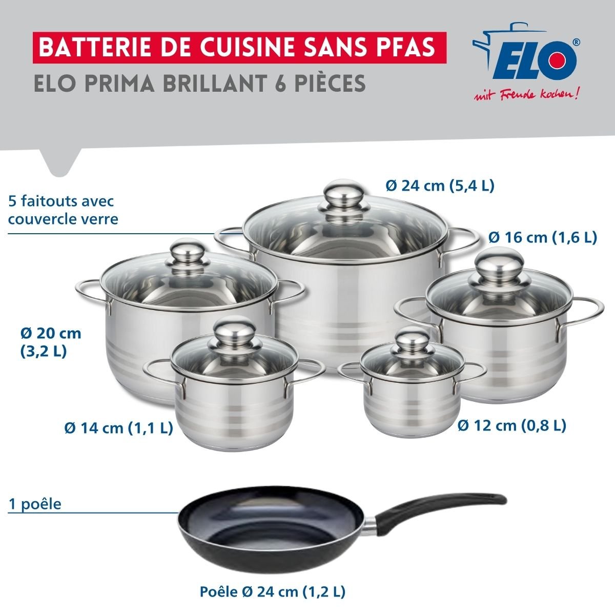 1 poêle 24cm + 5 faitouts 12/14/16/20/24cm PRIMA BRILLANT noir, ELO