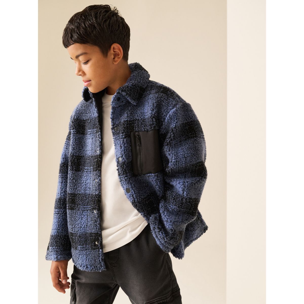 Veste-chemise polaire peau lainée carreaux bleus, NEXT