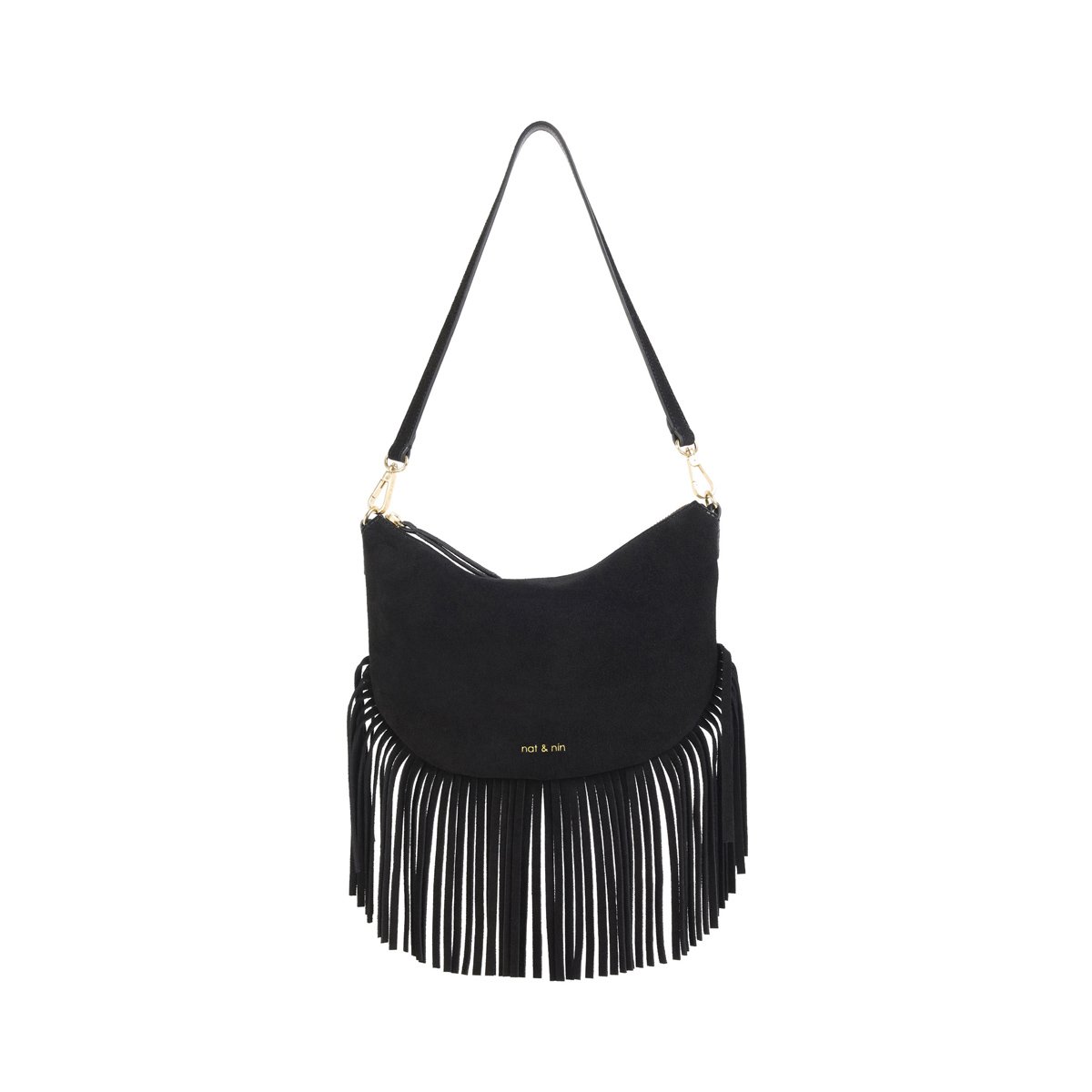 Sac à bandoulière en cuir, LUNE FRANGE noir, NAT & NIN