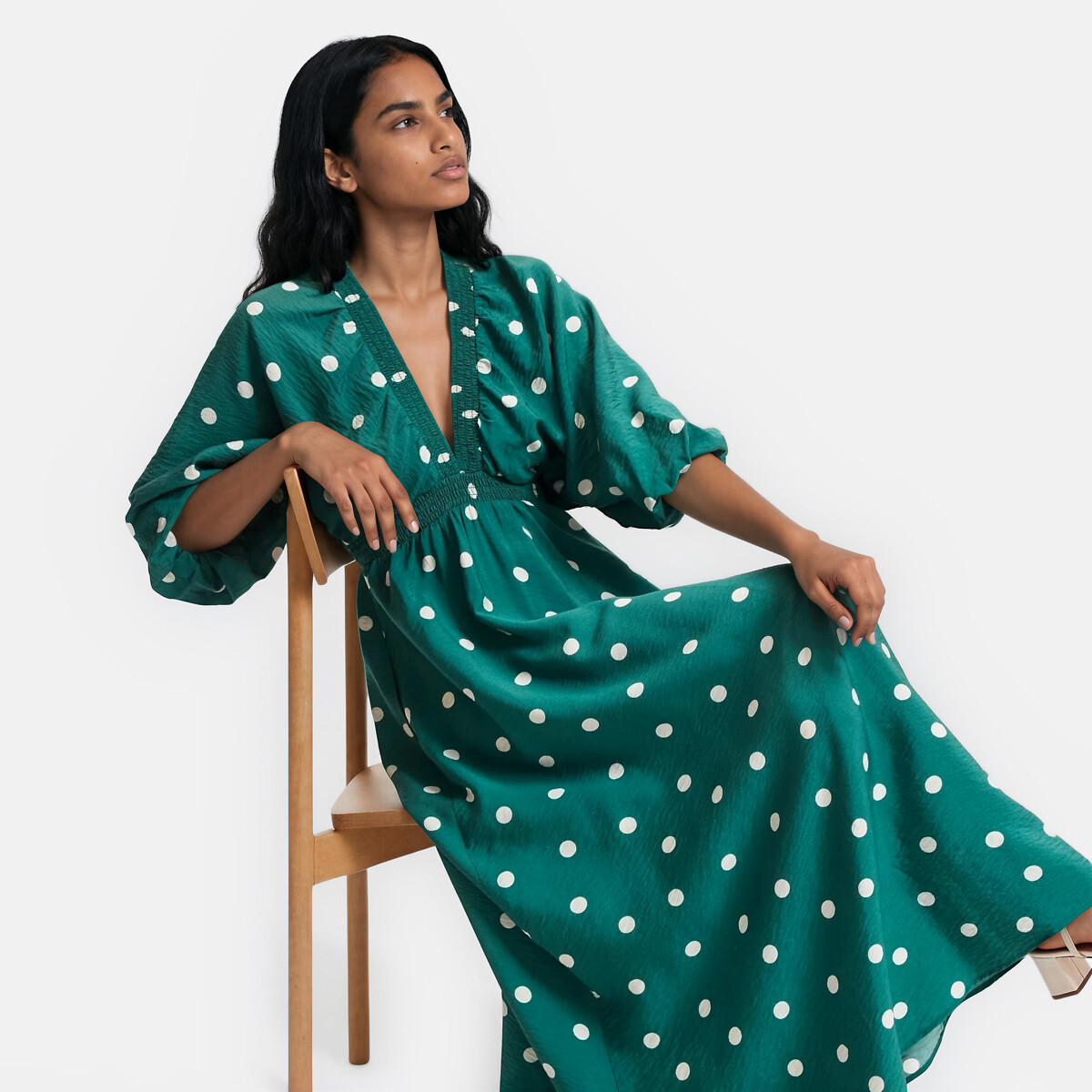 Abito con scollo a V e lunghezza 3/4 a pois fantasia pois fondo verde, LA REDOUTE COLLECTIONS