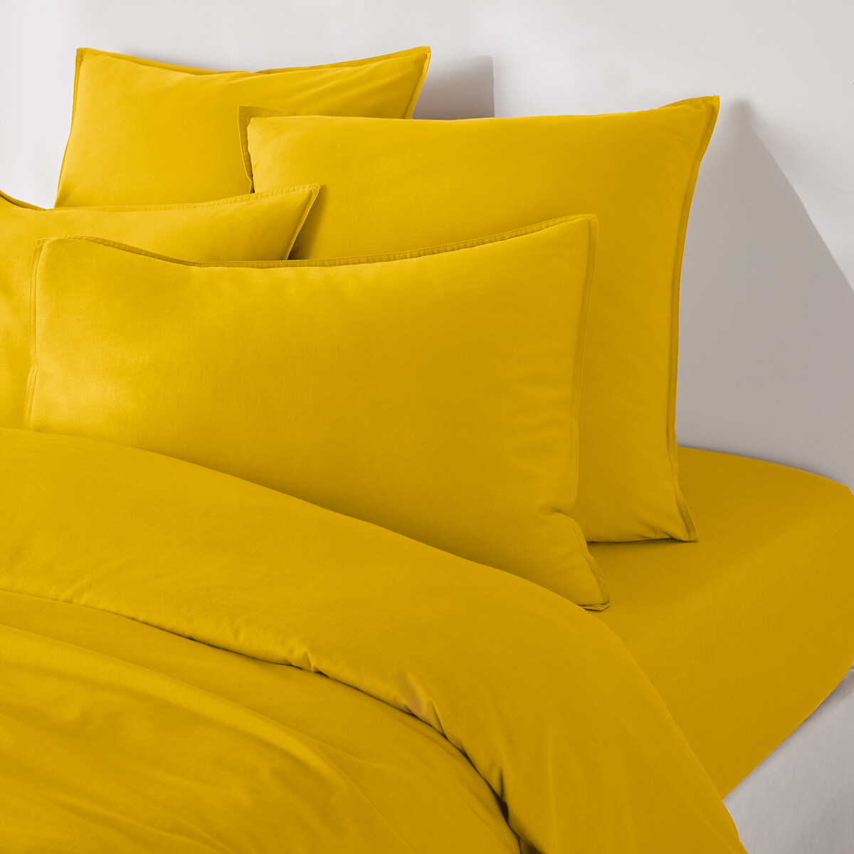 Drap housse uni coton lavé bonnet 30cm, Scenario jaune tournesol, LA REDOUTE INTERIEURS