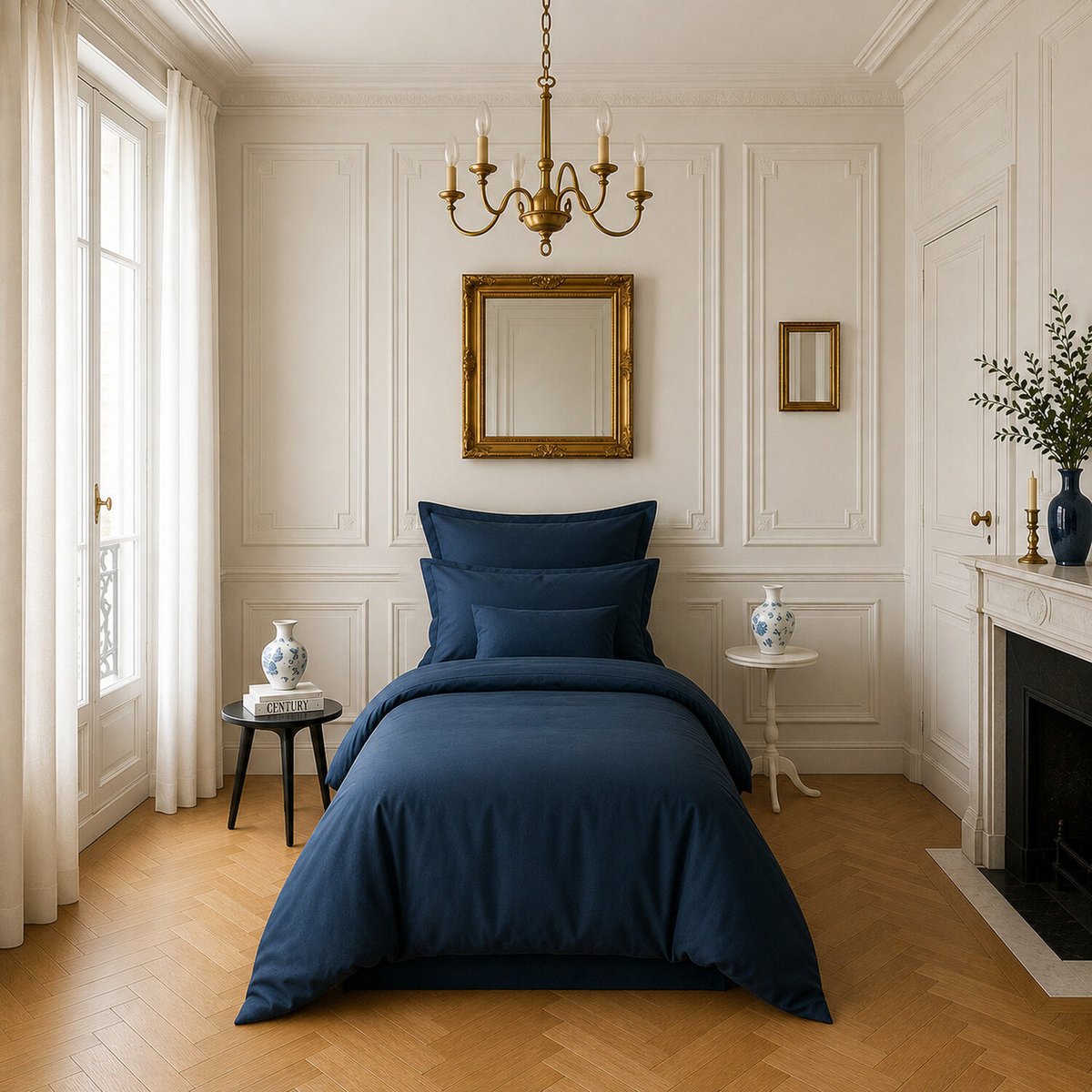 Housse de couette en satin de coton lavé unie, DESIR bleu marine, BATON ROUGE