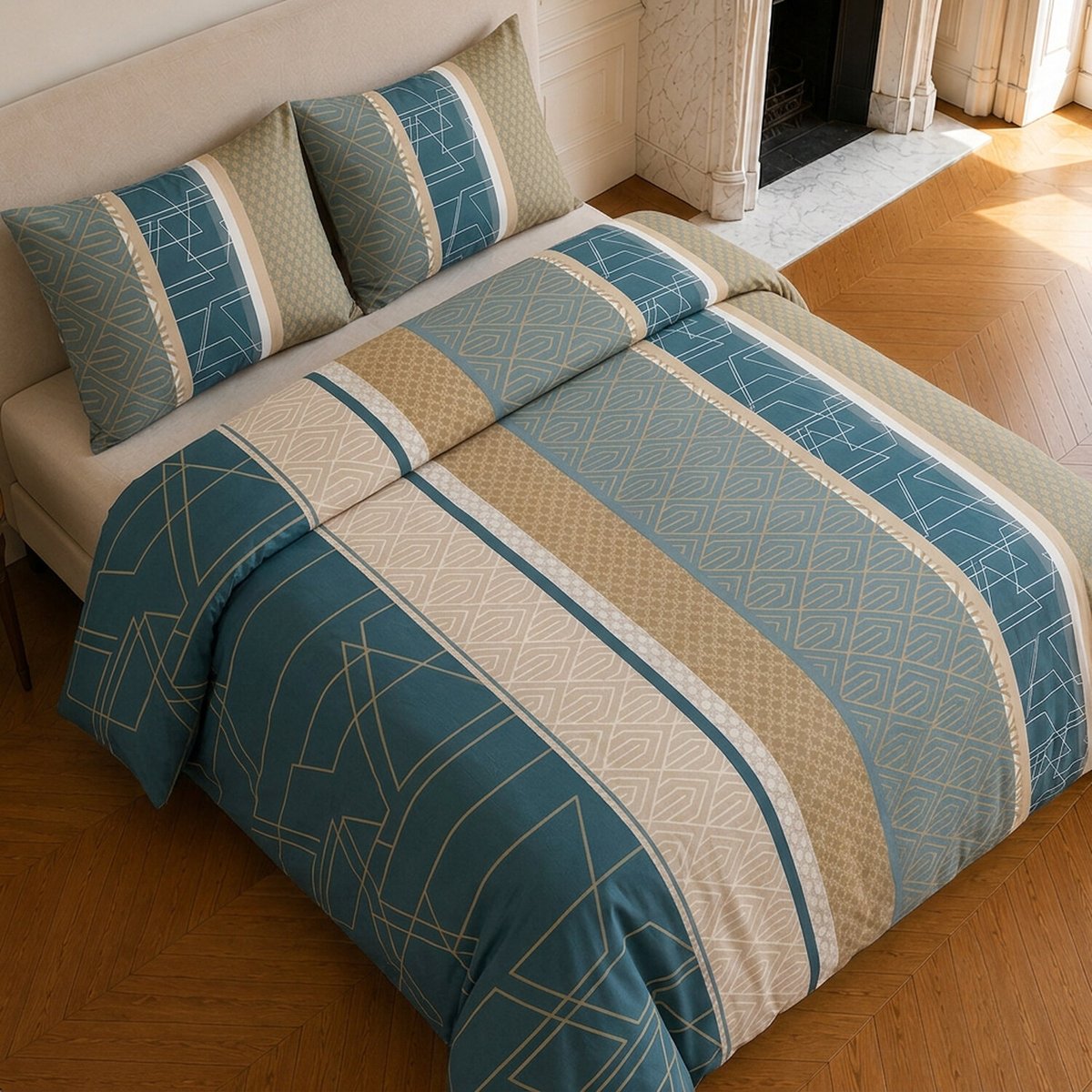 Parure de lit en microfibre motif géométrique, ULYSSE bleu marine, C DESIGN HOME TEXTILE