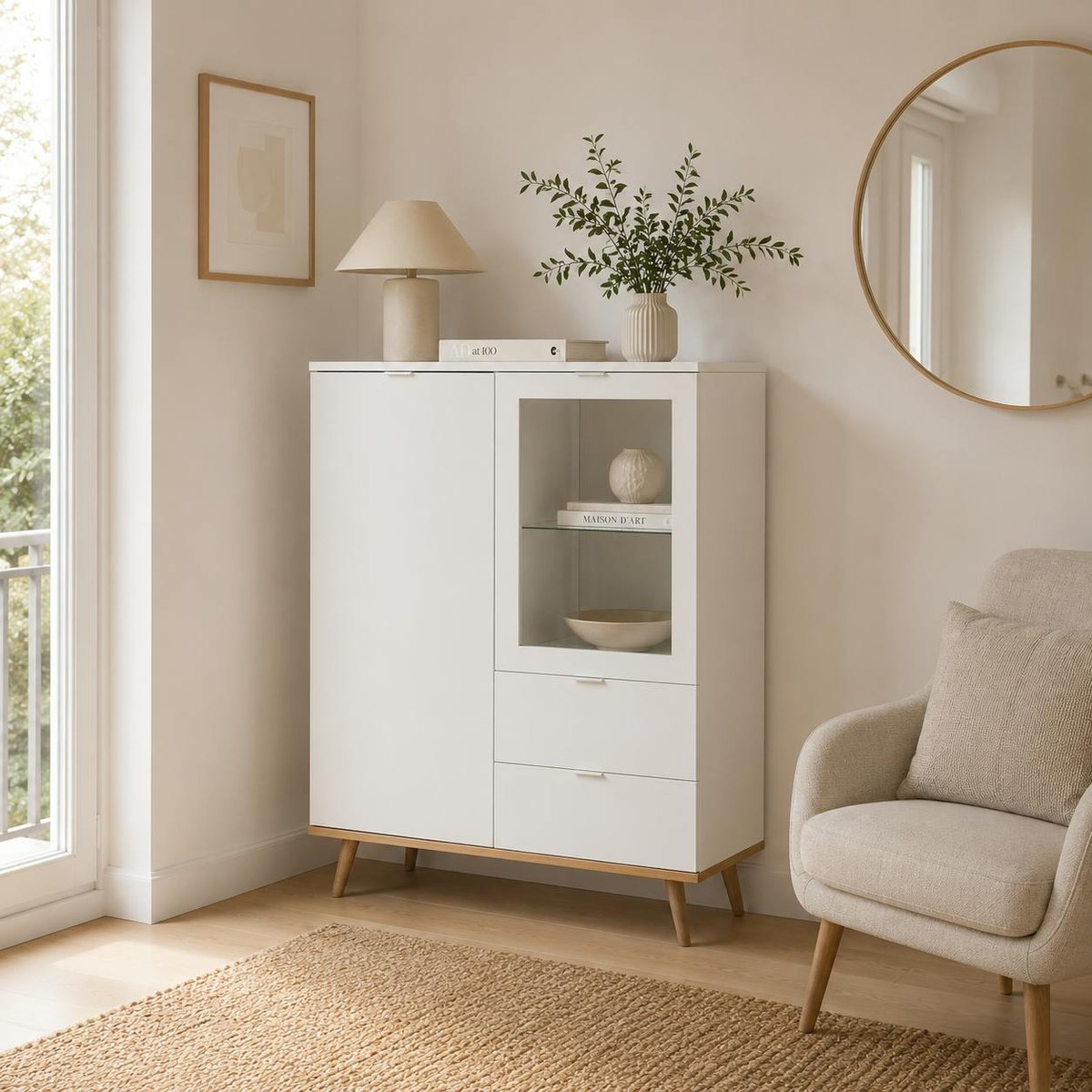 Buffet vaisselier blanc vitré 2 tiroirs ALVA blanc, PIER IMPORT
