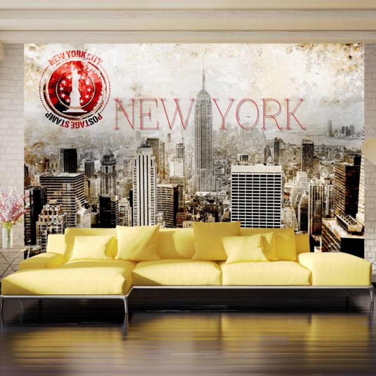Papier peint intissé panoramique Ville et Architecture New York - POST AGE STAMP rouge, EDEN