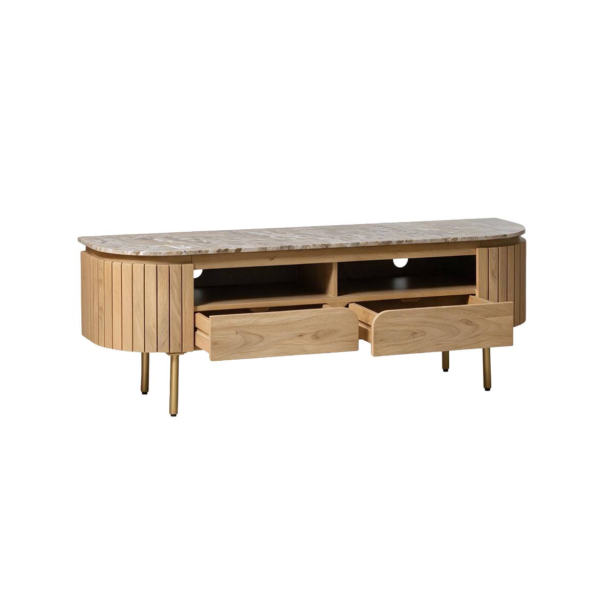 Meuble TV en marbre et bois de manguier CYRENE bois clair, MADE IN MEUBLES